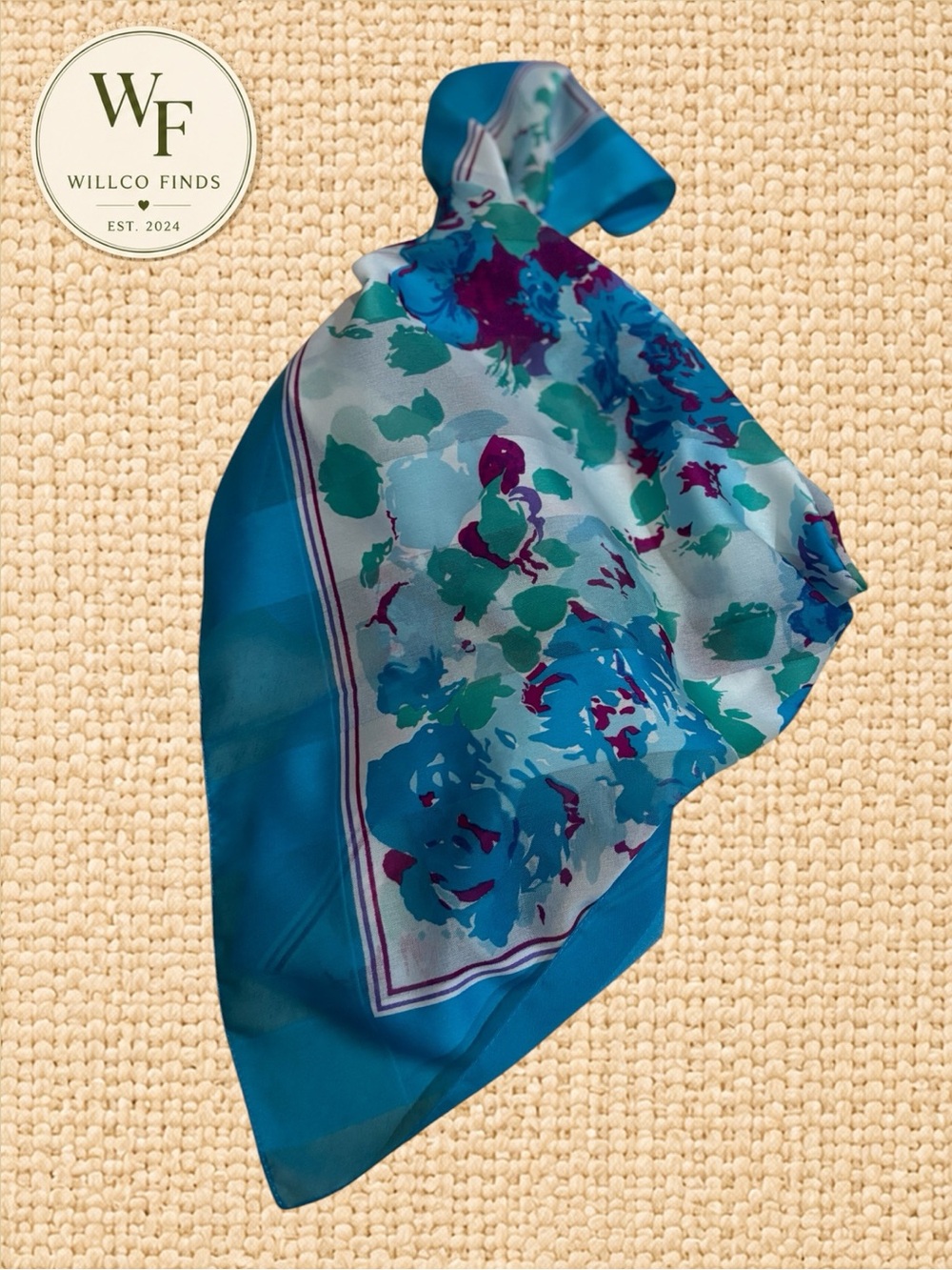 Vintage Berkshire Silken Polyester Floral Square Scarf Teal 31x31